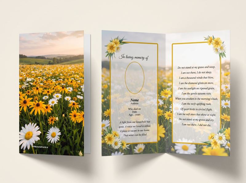 Folding memorial card with a wildflower meadow cover, open to show the photograph oval, name, dates and verse
