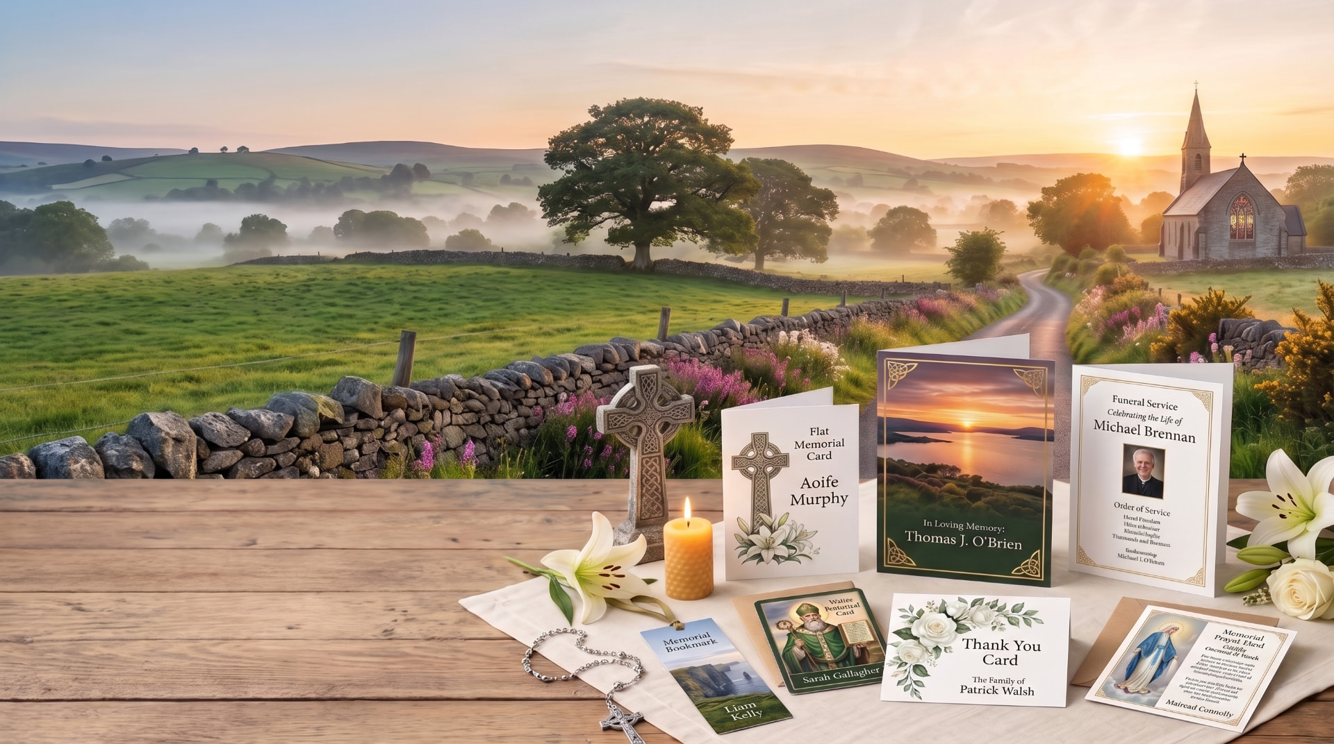 Irish countryside with personalised memorial cards and funeral stationery
